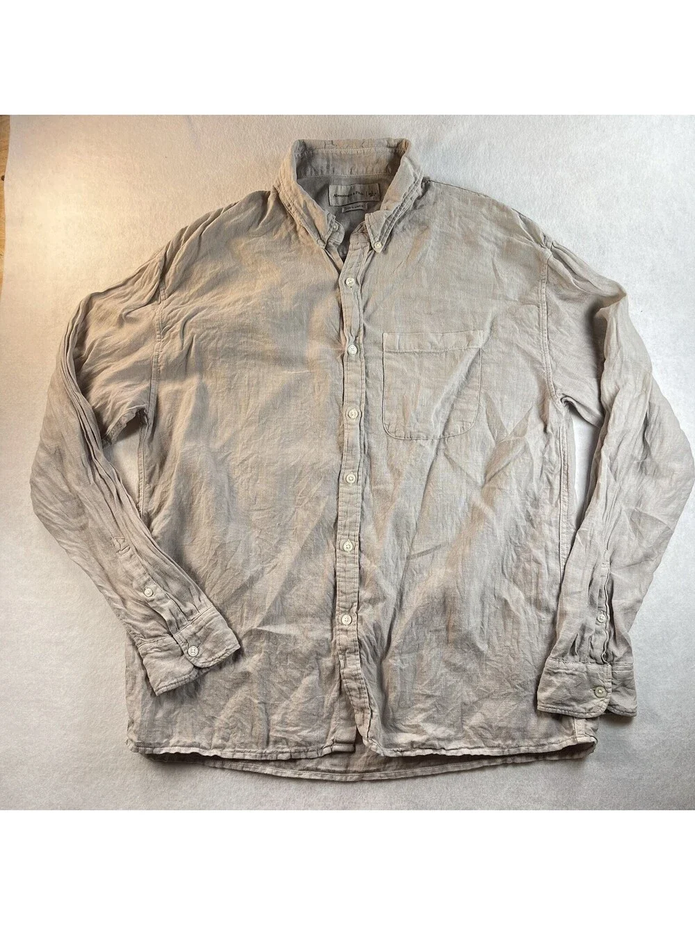 Abercrombie & Fitch Mens Shirt Tan 100% Linen Long Sleeve Sz L Casual Logo khaki